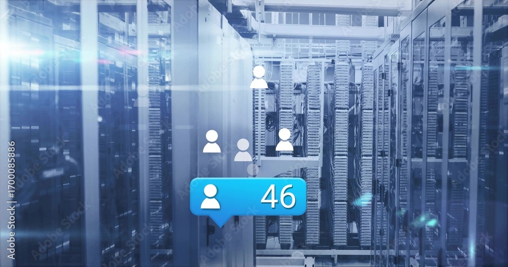 Poster displaying blue chat bubble showing white user icon with 46 in data center corridor, server racks