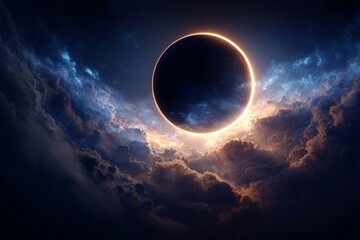 A black hole enveloped in resplendent cosmic flames is captured in a striking image, emphasizing the dramatic interplay between darkness and luminosity in the universe's infinite vastness