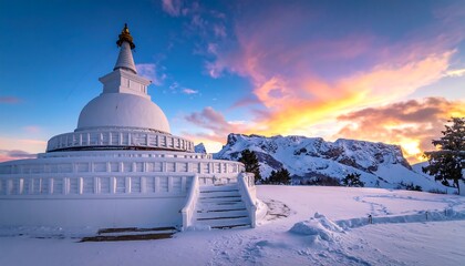 A magnificent snow-covered stupa at sunrise, showcasing a serene mountain landscape.