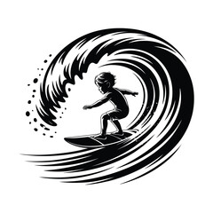 Child Surfer Riding a Wave Silhouette Black and White