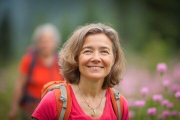 Fototapeta premium An elderly woman radiates joy as she walks through a kaleidoscope of flowers in a field with her friends, embodying the spirit of adventure, camaraderie, and the wonders of nature