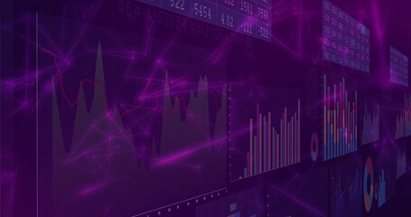 Purple panels displaying financial data on digital interface, with line charts, tickers, neon lines