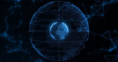 Floating blue sphere in digital void, showing inner dot-matrix globe and wireframe and network mesh