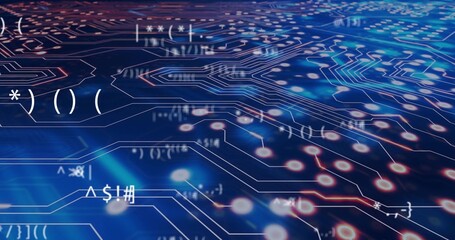 Displaying neon circuit traces with glowing nodes in virtual space, featuring floating code symbols