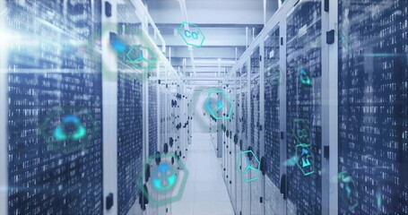 Displaying server racks with network cables, LED panels in data center, with binary code streams