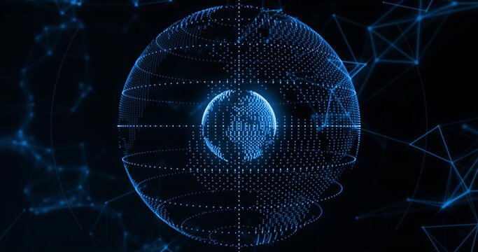 Floating blue sphere in digital void, showing inner dot-matrix globe and wireframe and network mesh - Powered by Adobe