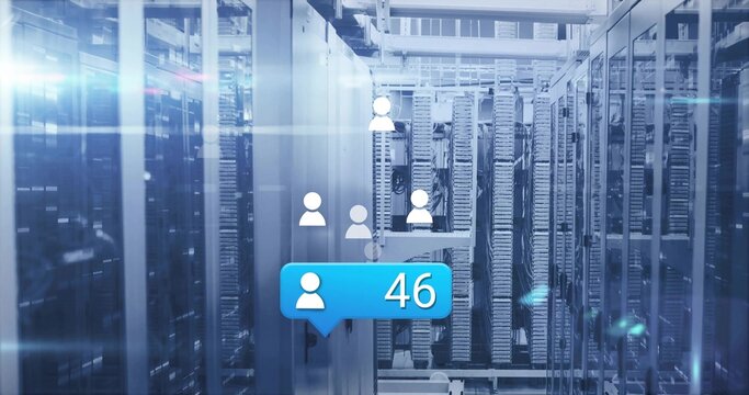 Displaying blue chat bubble showing white user icon with 46 in data center corridor, server racks