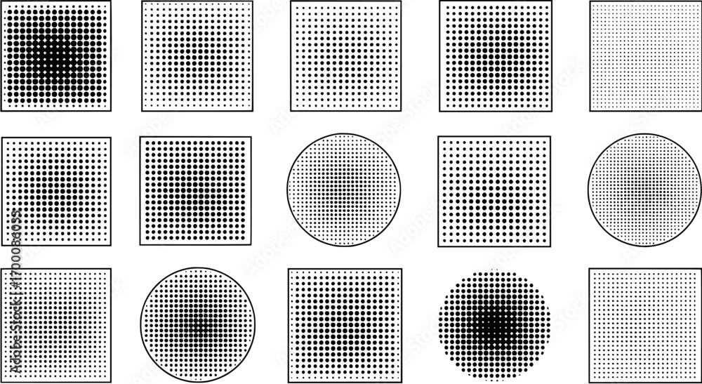Poster halftone patterns collection of geometric shapes with dotted textures, including squares and circles