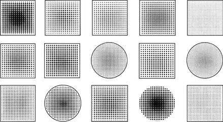 Halftone patterns collection of geometric shapes with dotted textures, including squares and circles