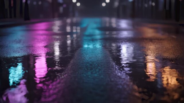 Neon sign reflections on wet asphalt with urban blur