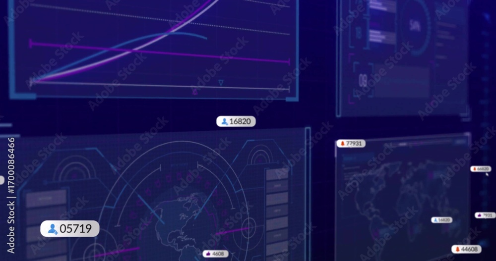Poster showing data ui on screen, with line chart, circular world map, panels and floating numeric labels