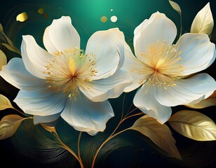 a painting of two white flowers with contrasting green leaves on a dark background adorned with golden highlights