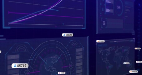 Showing data UI on screen, with line chart, circular world map, panels and floating numeric labels