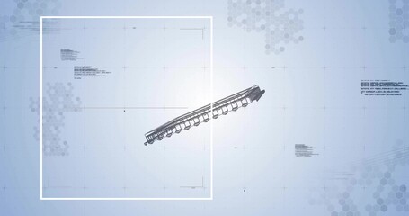 Displaying railcar schematic on interface, with overlay frame, grid, hexagon patterns and tech text