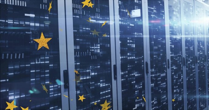 Naklejki Displaying server racks with glass doors revealing LEDs in data center, with gold stars floating