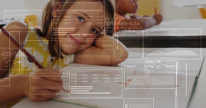 Writing girl student leaning on classroom desk, with pencils notebooks chairs data overlays
