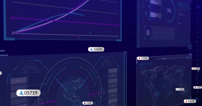 Showing data UI on screen, with line chart, circular world map, panels and floating numeric labels
