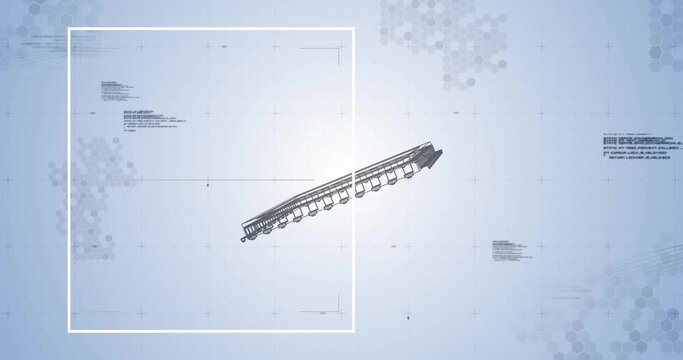 Displaying railcar schematic on interface, with overlay frame, grid, hexagon patterns and tech text - Powered by Adobe