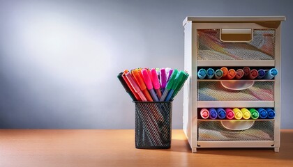 school supply cabinet with colorful markers