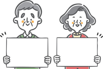 ボードを持つシニア夫婦　上半身　ベクター
