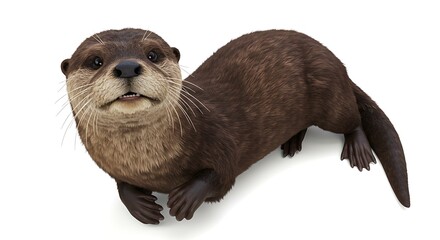 可愛いカワウソ、白背景、俯瞰写真、茶色毛並み