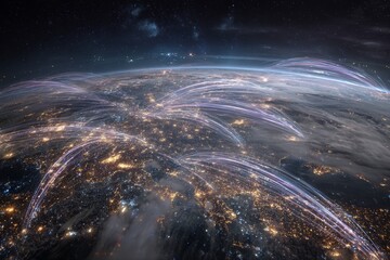 Visualizing international connections with satellite imagery that showcases digital networks illuminated over the planet at night