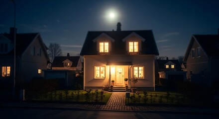 Serene residential neighborhood illuminated under the night sky and moonlight