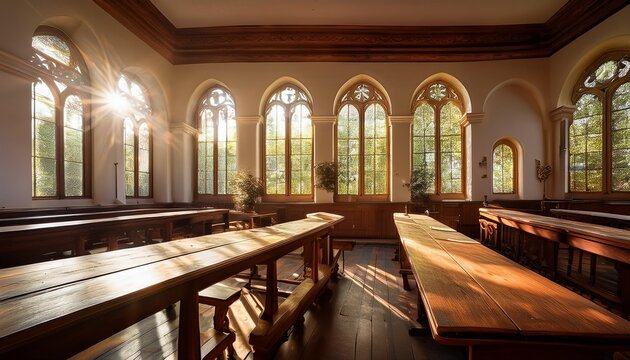 serene monastery scriptorium with arched windows and wooden desks illuminated by sunlight