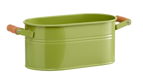 Long aluminum bucket with two wooden handles for use in garden plants cut out isolated transparent background