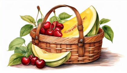 watercolor wooden picnic basket with cherries and melon for summer outdoor activities