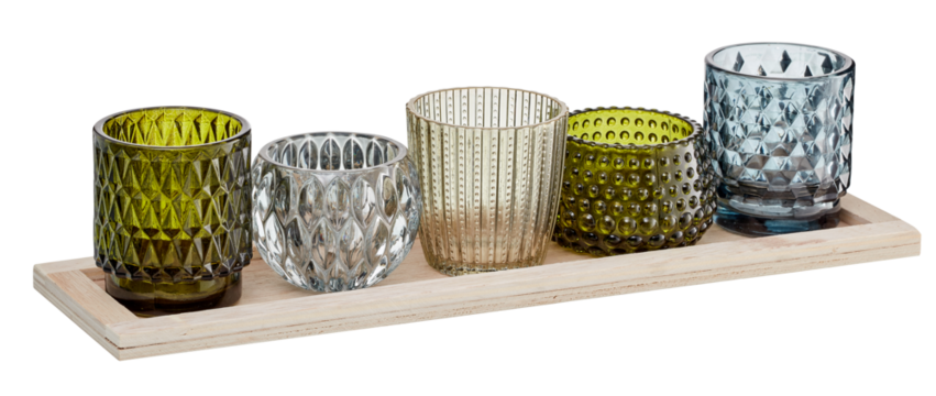 Set of glasses with a sparkling diamond pattern placed on a wooden tray cut out isolated transparent background