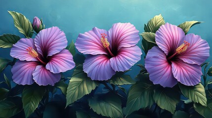 Three light purple hibiscus flowers in full bloom with green leaves against a teal background.