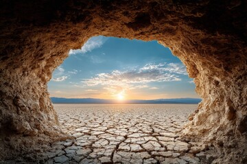 At dawn, a unique rock formation provides a stunning backdrop for cracked earth and distant mountains