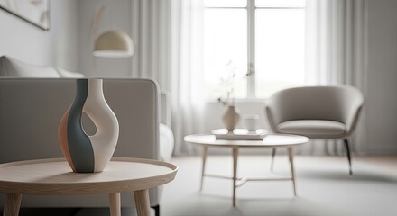 Fototapeta premium Modern minimalist living room interior with a stylish sofa, armchair, coffee table with a decorative vase, and bright natural light.