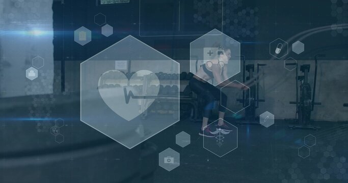 Lifting female athlete performing barbell deadlift on gym floor with hexagonal overlays, copy space