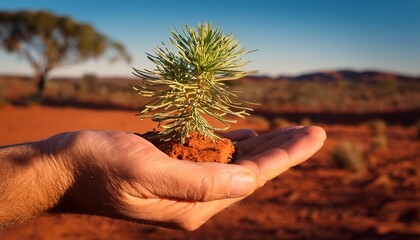 close up handholding small plant in australian outback aboriginal bush tucker theme