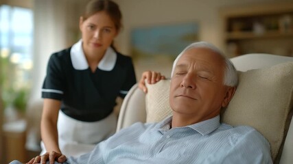 Caregiver Tidies Room While Senior Man Sleeps in Chair