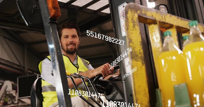 Operating forklift wearing vest lifting pallet of yellow bottles in warehouse, digital overlays