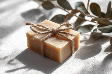 Organic bar of homemade soap tied with twine. Natural environmentally friendly hygiene.
