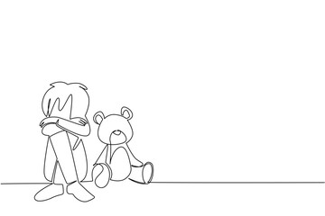 Continuous line draw of a young boy sitting beside a teddy bear, expressing trauma, loneliness, and innocence, as a psychology concept for International Day of Innocent Children Victims of Aggression