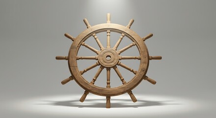 木製の船の舵輪、シンプルで落ち着いたデザイン、白背景