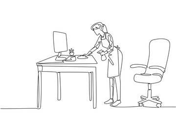 Continuous line drawing of a woman cleaning work office desk with spray and cloth, symbolizing dedication to hygiene, health, and order, created as a business concept for National Old Maids Day theme.