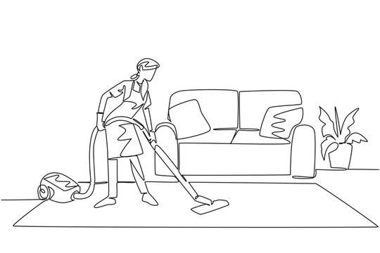 Continuous line drawing of a woman vacuuming carpet in living room, reflecting household effort, order, cleanliness and dedication, created as an industry concept for National Old Maids Day.