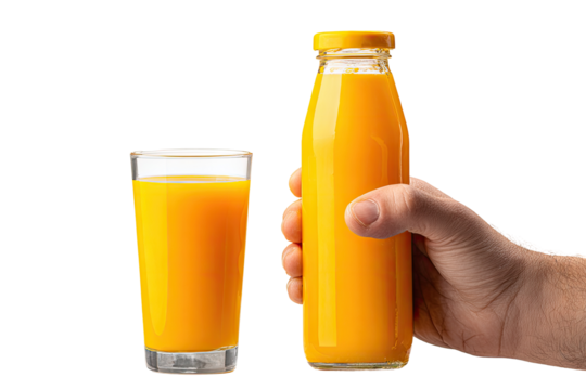 Glass of orange juice next to a hand holding a bottle of orange juice - Powered by Adobe