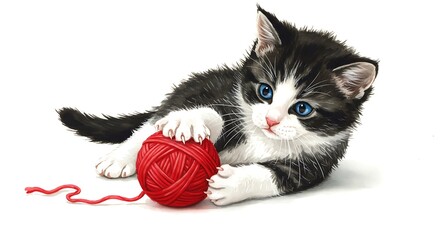 可愛い子猫と赤い毛糸玉イラスト、白背景シンプルデザイン
