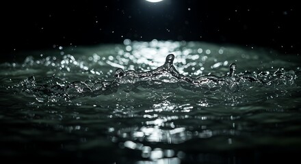 水しぶき、暗い背景、幻想的な雰囲気、水面、夜、光、波紋、黒、ダークトーン、水滴、質感、自然、抽象的、水景写真
