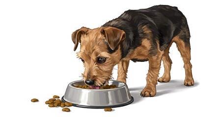 愛犬の食事風景、リアルなイラスト、白背景、シンプルデザイン