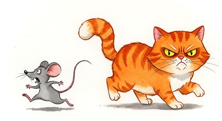 水彩風イラスト ねこが追いかけるネズミの可愛い絵
