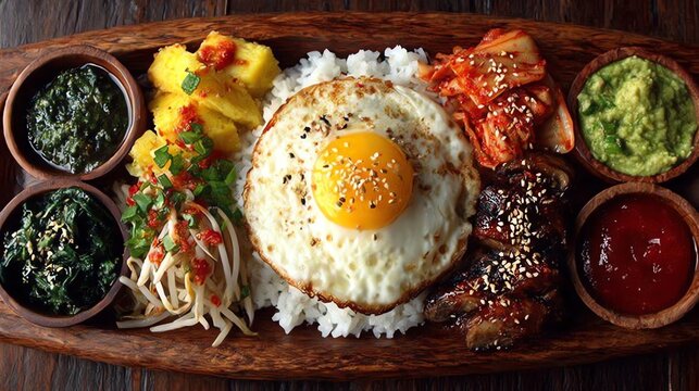 Delicious Fried Egg Over Rice with Assorted Side Dishes Plated Nicely