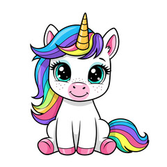 Cute cartoon unicorn with rainbow mane and tail, sitting and looking at viewer